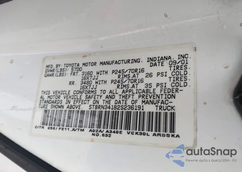 2002 Toyota Tundra Sr5 z USA, uszkodzony, nr VIN 5TBRN34182S236191